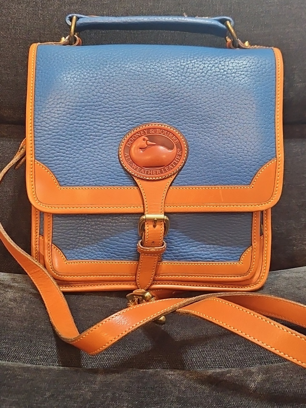 Dooney & Bourke Blue and Tan Leather Messenger Bag